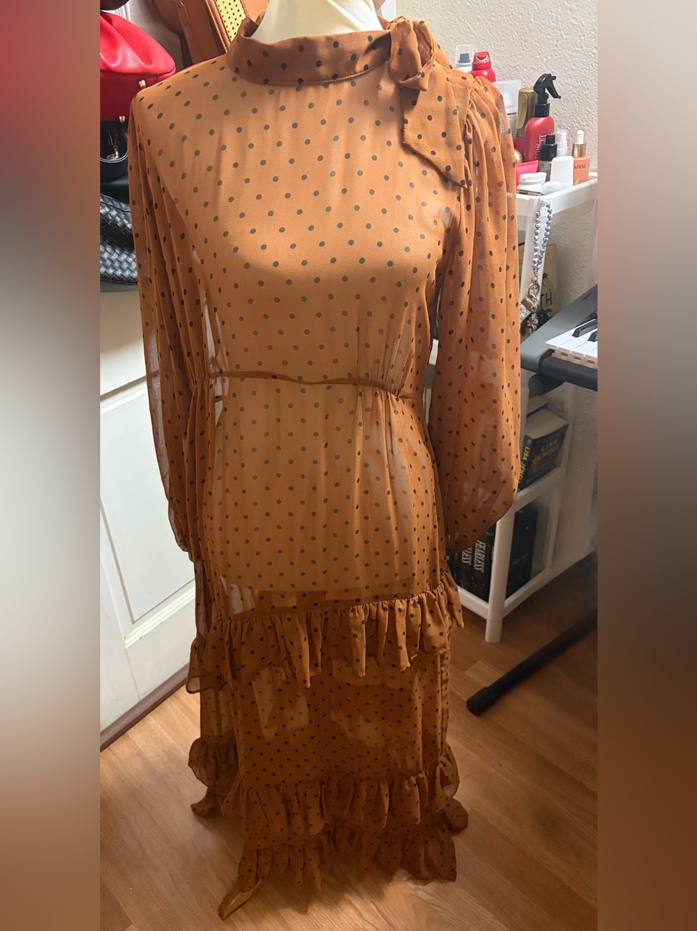 Mustard Polka Dot Tie-Neck Maxi Dress